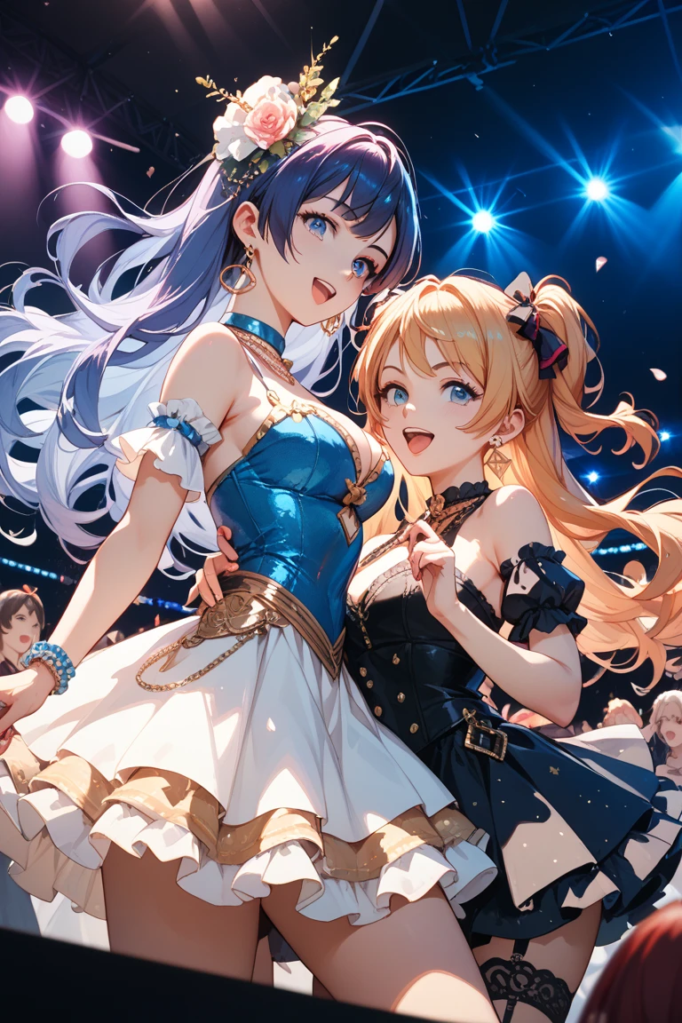 two girls singing a duet, ((2girls:1.3)), ((moe style:1.3)), ((idol outfit:1.3)), microphone, dancing, singing, cuddling, ((large breasts:1.3)), ((centerfold:1.3)), ((extremely feminine:1.3)), perfect hands, ((perfect face)), ((extremely cute:1.3)), ((masterpiece)), ((8k)), ((best quality)), ((beautiful)), ((extremely detailed:1.3)) , ((absurdres)), AddXL, ((score_9:1.3)), ((score_8_up:1.3)), ((score_7_up:1.3)),