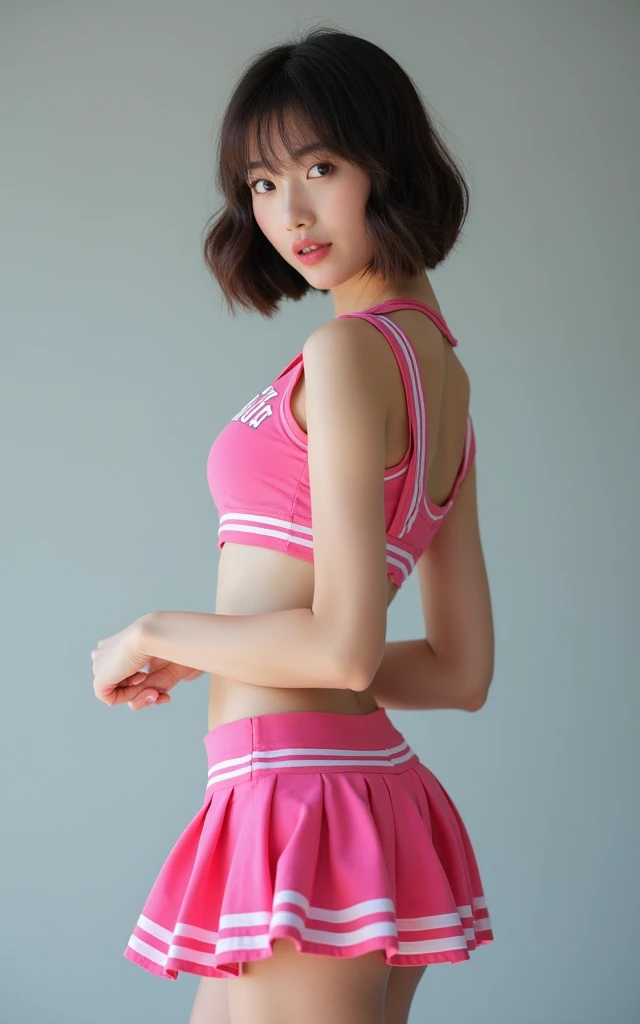 (whole body:1.3),masterpiece, highest quality, High resolution, wallpaper, Realistic, Bright lighting, Professional Lighting, Face Light, Smooth lighting, Japanese Girls, ((whole body:1.3)),running, 12 years old,cute, smile, beautiful girl, gravure, sexy, so beautiful, Beautiful Skin, Beautiful and detailed、Detailed face、slim、Moderate, short hair, Brunette colored hair, Brown eyes, View your viewers,Cheerleader uniforms,Belly button,flower,School,Small,Thighs、A dynamic pose