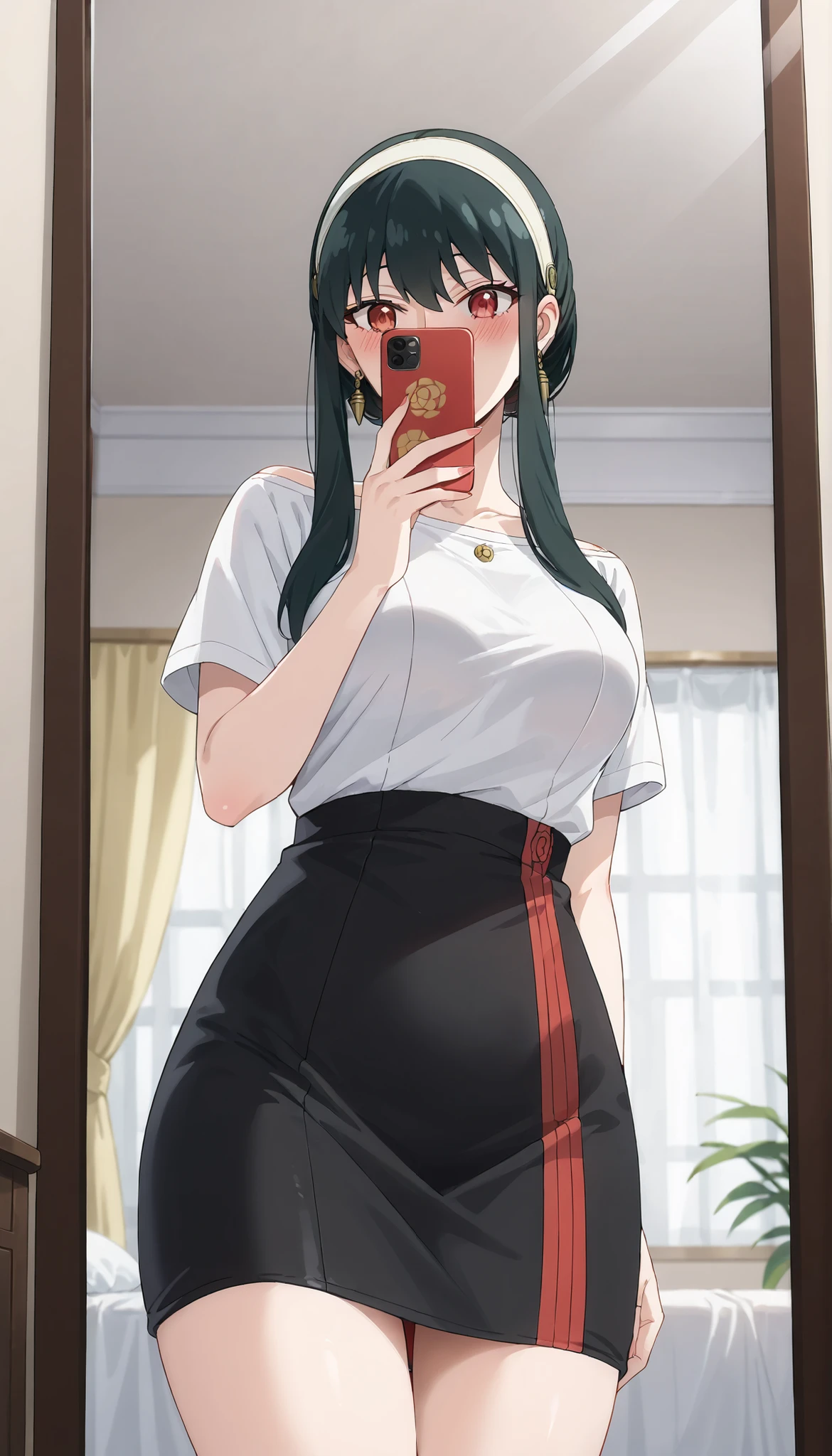 (((masterpiece))),(((High Quality))),(((Yor Forger(SPY×FAMILY) ))),(((Medium Breasts))),dark haired,(((Blush))),Black Tight Skirt,white t-shirt,((selfie)),(low angle),(Through the mirror),Ulchan - 6500-v1.1, (RAW pictures:1.2), BEAUTIFUL DETAILS, very detailedな目 美しい目,beautiful eyes,red eyes,Large File Size, high resolution, very detailed, Top quality, [masterpiece:1.6], Awareness-raising, very detailed, CG, fine, Top quality, 8K Wallpaper, perfect body,very detailed,thighs,close-up,Bare legs