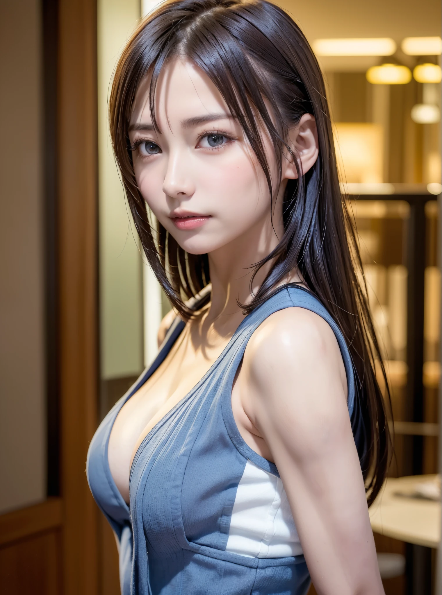 One Girl、From below, (whole body, Are standing), シングル編み込みの茶髪のponytail, Parted bangs, grey hair、Attractive eyes、Shortcuts、ponytail、Fuller lips、Camisole dress、Beautiful Skin、Small breasts、Small breasts、at night、A spectacular night view as a backdrop、You can see the night view in the distance、RAW Photos、Highest quality、ultra High resolution、High resolution、masterpiece:1.3、8k、Professional Photographer