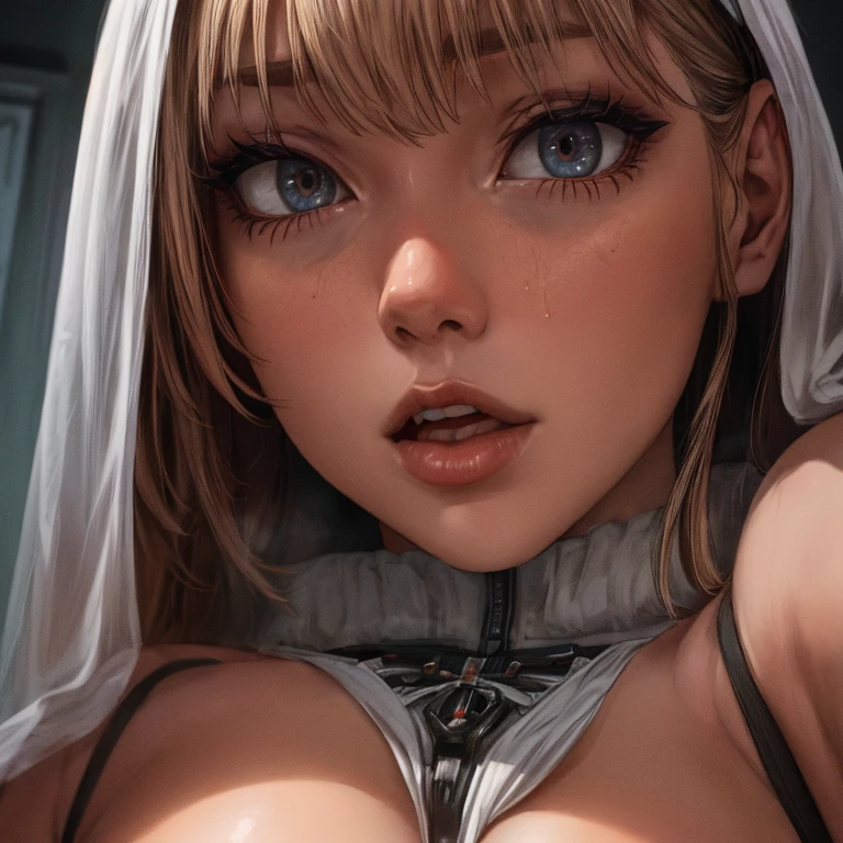Epic chest close-up,The woman's strong and sinister eyes,Framed with faded old clothes, Tattered white linen hood,reflecting golden sparks in the irises of the eyes,is in night,dramatic lighting,hight contrast,Highest definition,ultra-realistic realism,ultra-realistic realism,realisticlying,A high resolution,HDR photography,8K,Sexy women,Erotic lace lingerie