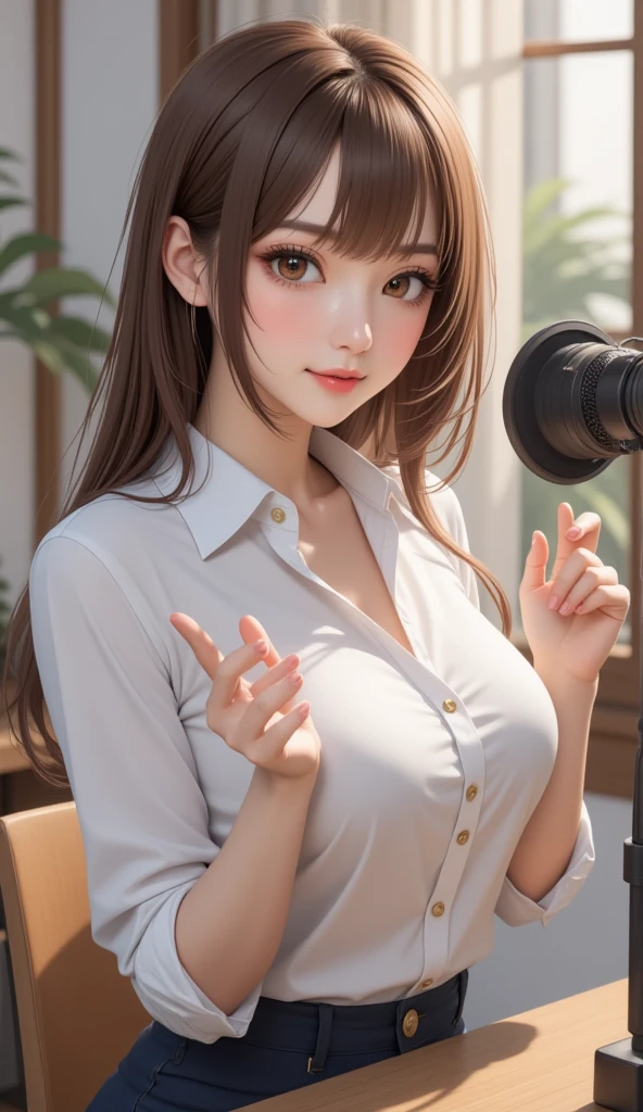 8K quality、High resolution eyes、Brown and purple short hair、Brown eyes、secretary、Ring piercing of the earlobe、Bright sunlight、office、Sweat、、Short skirt、Beautiful legs、Beautiful thighs、Shooting from above、Dignified face、young small breasts、Seduce your boss、Slender model figure、white、Adult female、U-neck sweater and jacket、Open your mouth and insert your penis deep inside、Hunchback、Wearing glasses