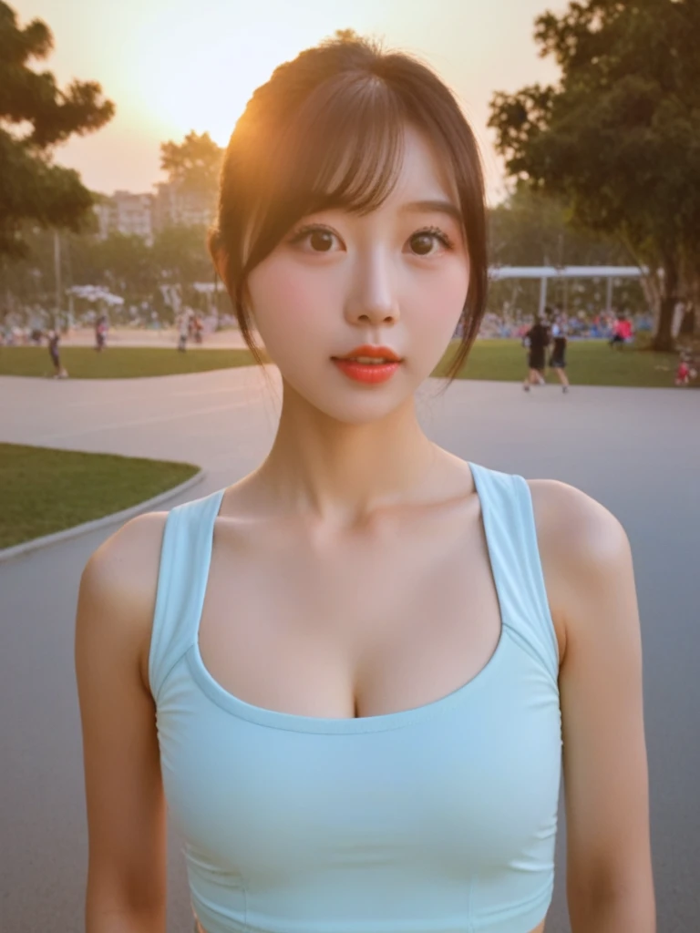 40s, A beautiful Japanese woman, realistic, Photo realistic, Super detailed, Sexy middle aged woman, 最high quality, 8k, Sharp focus, high quality, High resolution, Rounded body, Kind eyes, Hot lips, Married women, Larger breasts, jogging, wearing sports bra & shorts, (full body shot:1.3), Beautiful Skin, With the riverside in the background