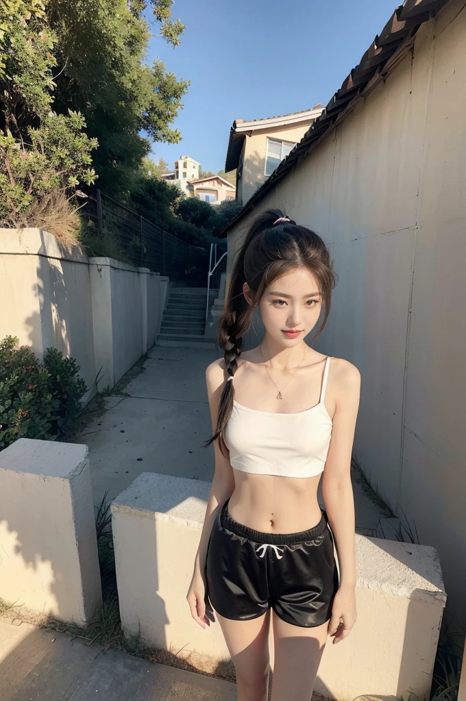 Top quality, ultra high resolution, (photorealistic: 1.4), 1 girl, off-shoulder black shirt, look at the viewer, close-up, thin legs, small, black shorts, dazzling light, , long ponytail,