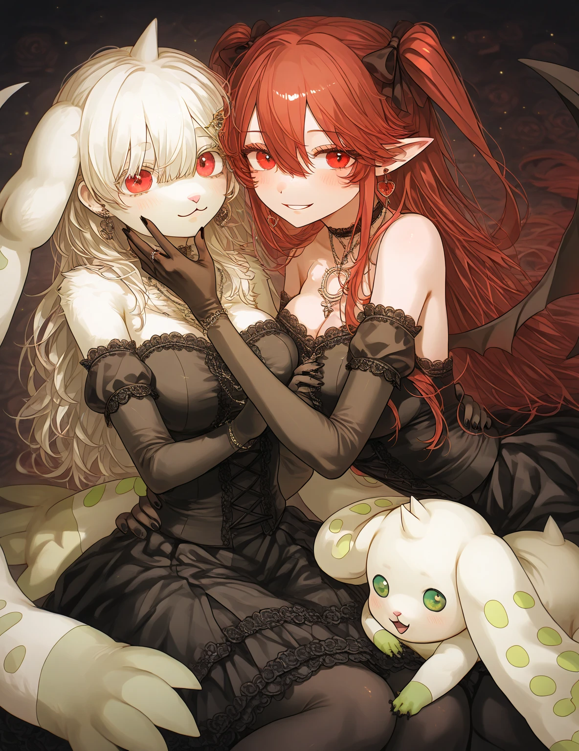 Anime filling,Two-dimensional illustration,Red hair,Half Twin Tail,shorth hair,Big eyes,A smile,a beauty girl,cute little,Super Cute,Black cat ears,Red Eyes,Ruffled Clothes,Black lace clothes,Inner colorGreen,One girl,Full body painting,A masterpiece of 2D art,(masterpiece,Top image quality:1.3),(detaile:1.2),(女の子1人) --auto