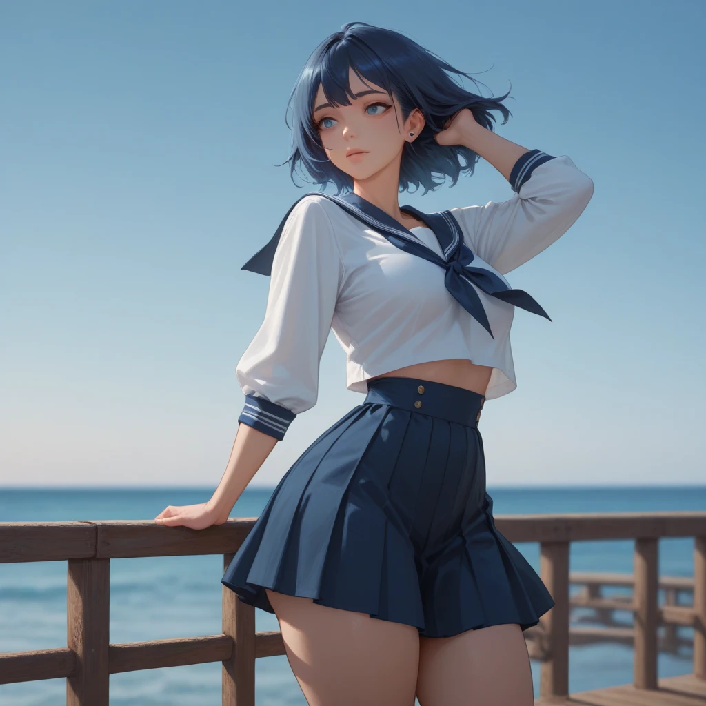 (8k, RAW Photo, Photorealistic:1.25) Realistic, Cinematic Light, Ami Mizuno, Sailor Mercury, Stands, Battlefield Background, Perfect Body, Blue Hair, Uniform