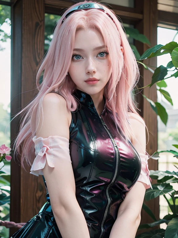 young woman, long bubblegum pink hair, low forehead, porcelain skin, pink eyebrows, big emerald green eyes, buttoned nose, full lips, heart-shaped face, slender body, small breasts, ninja clothing, Sakura Haruno, reality, realistic black realism 3d village forest