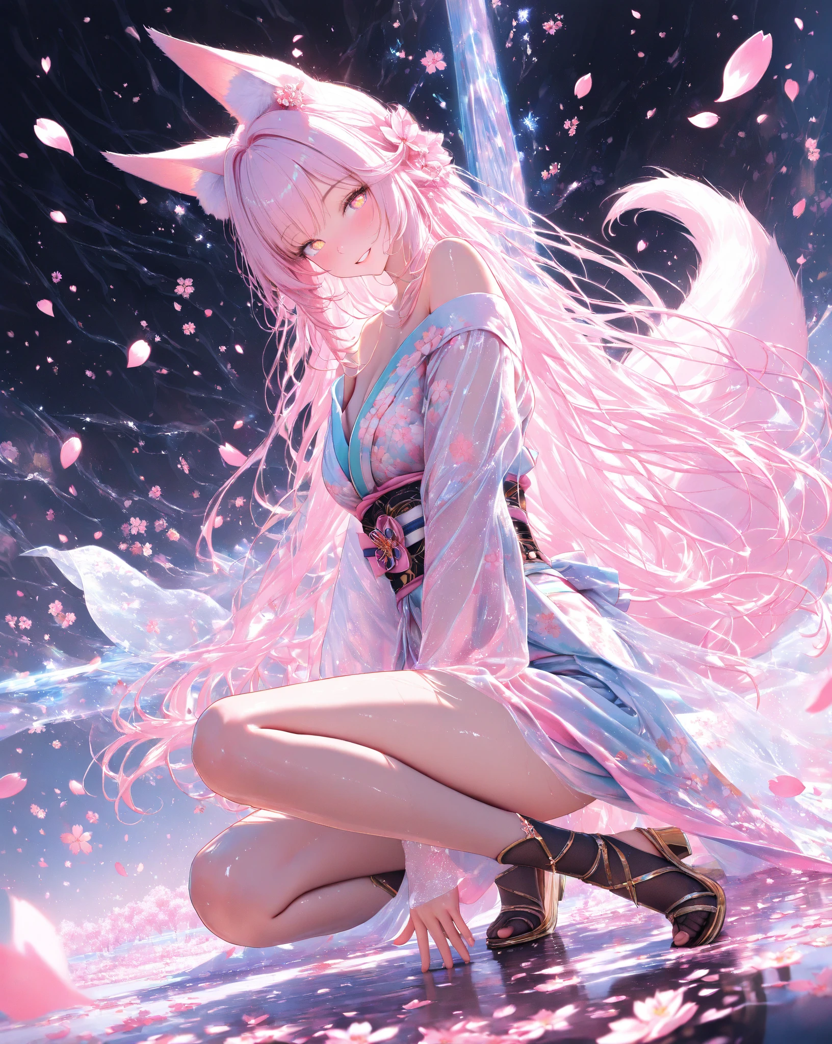 girl, pink hair, very beautiful face, nine tail, masterpiece, ultra HD, 4k, ultra high resolution.