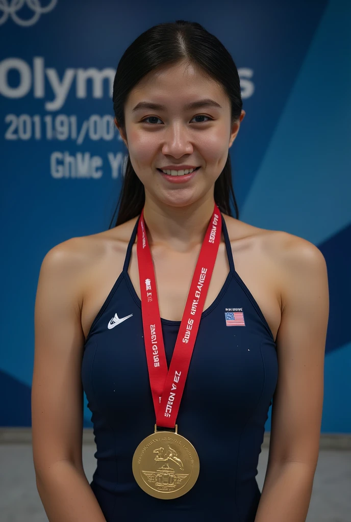 ((masterpiece, highest quality, Highest image quality, High resolution, photorealistic, Raw photo, Extremely detailed CG unified 8k wallpaper)), 
((1 girl, solo, beautiful young woman, 20 years old, realistic skin texture, wet skin, wet hair, wearing dark blue swimming suit, halter neck, golden medal shining on chest, Olympics, award ceremony, camera flash shining in dark venue, perfect body, natural big breasts, satisfied look, upper body, pale Standing in front of a blue wall, “Olympic Games” written in white letters on the wall:1.3)), ((Portrait of an athlete with a gold medal hanging from her neck, contrast between the gold of the medal and the dark blue of her swimsuit, smile of joy:1.3)),