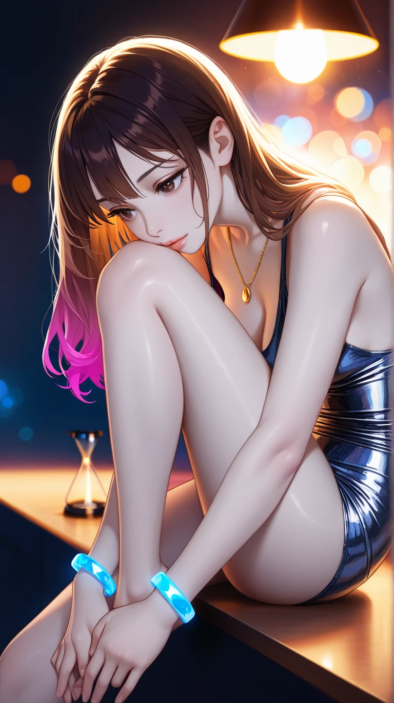 a hyper-realistic portrait of a young woman named xperta, in the middle of beachparty, 22 years old full-body, realistic, (posses-pose, back-front), she is wearing a cyber punk style transparent dress, sexy, (nice breasts), short brown mixed colored hair, (hair winds up), curved, lusty mode, 