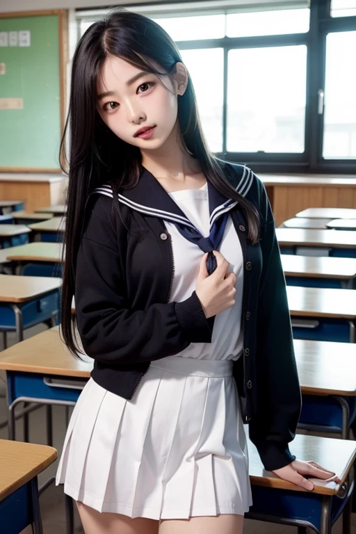 (Best quality, 8k, masterpiece: 1.3), a Pretty Girl with perfect figure:1.4, (high-school student, teens), (summer school uniform, sailor uniform, mini skirt, scarf, school knee-high socks), (black hair, long hair), (black eye), (small breasts), (blunt bangs:1.2), (high school, classroom), highly detailed face and skin, detailed eyes, double eyelids