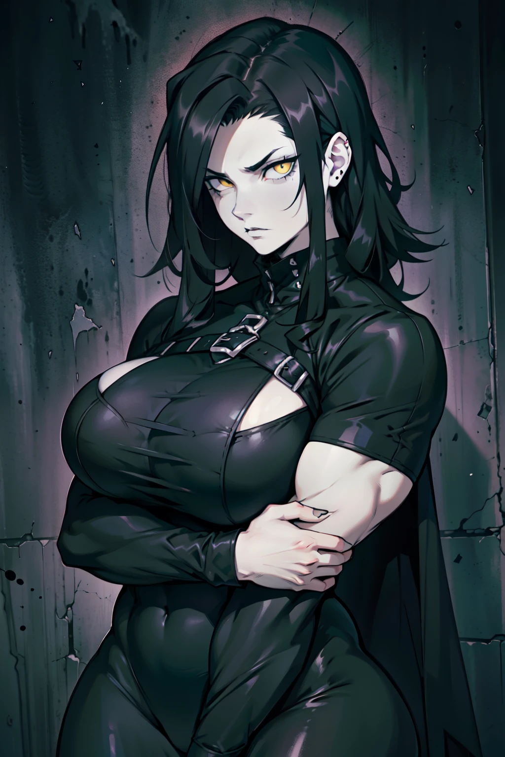 (pale skin girl) (1girl muscular grey background bodybuilder) toned body huge breasts (thin waist) black hair yellow eyes straight hair sweaty hair between eyes (black fur trim coat) frowning black suit dark atmosphere