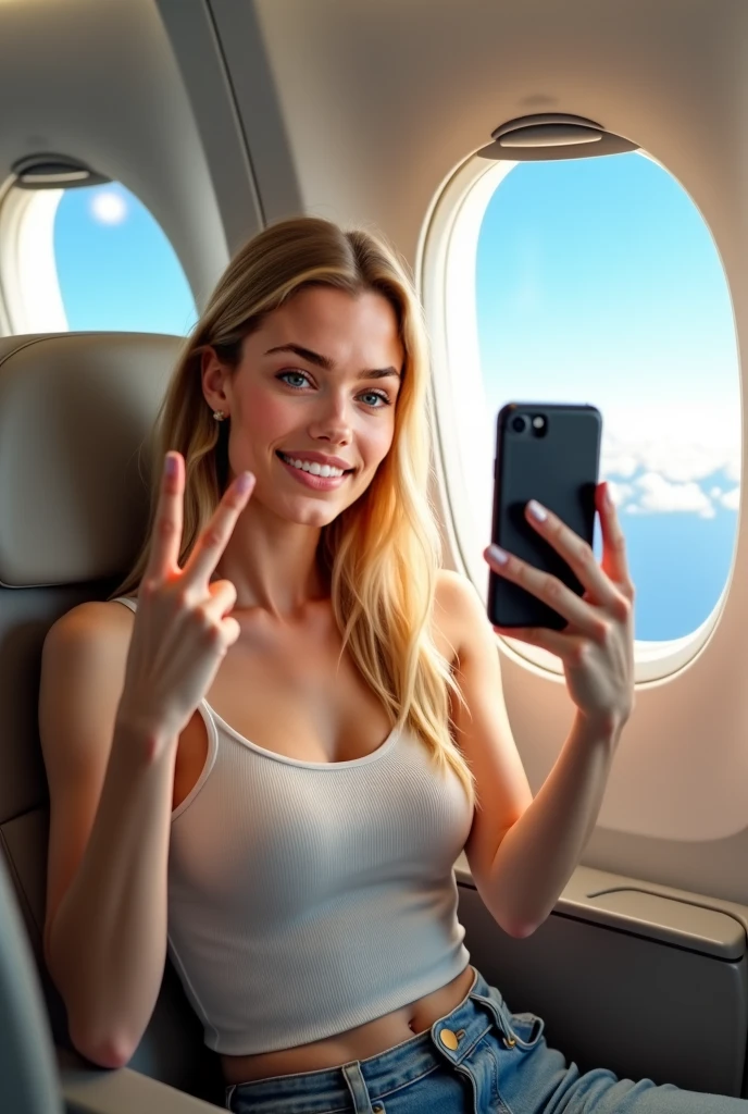 a brunette woman with red hair on a plane with an iphone in hand