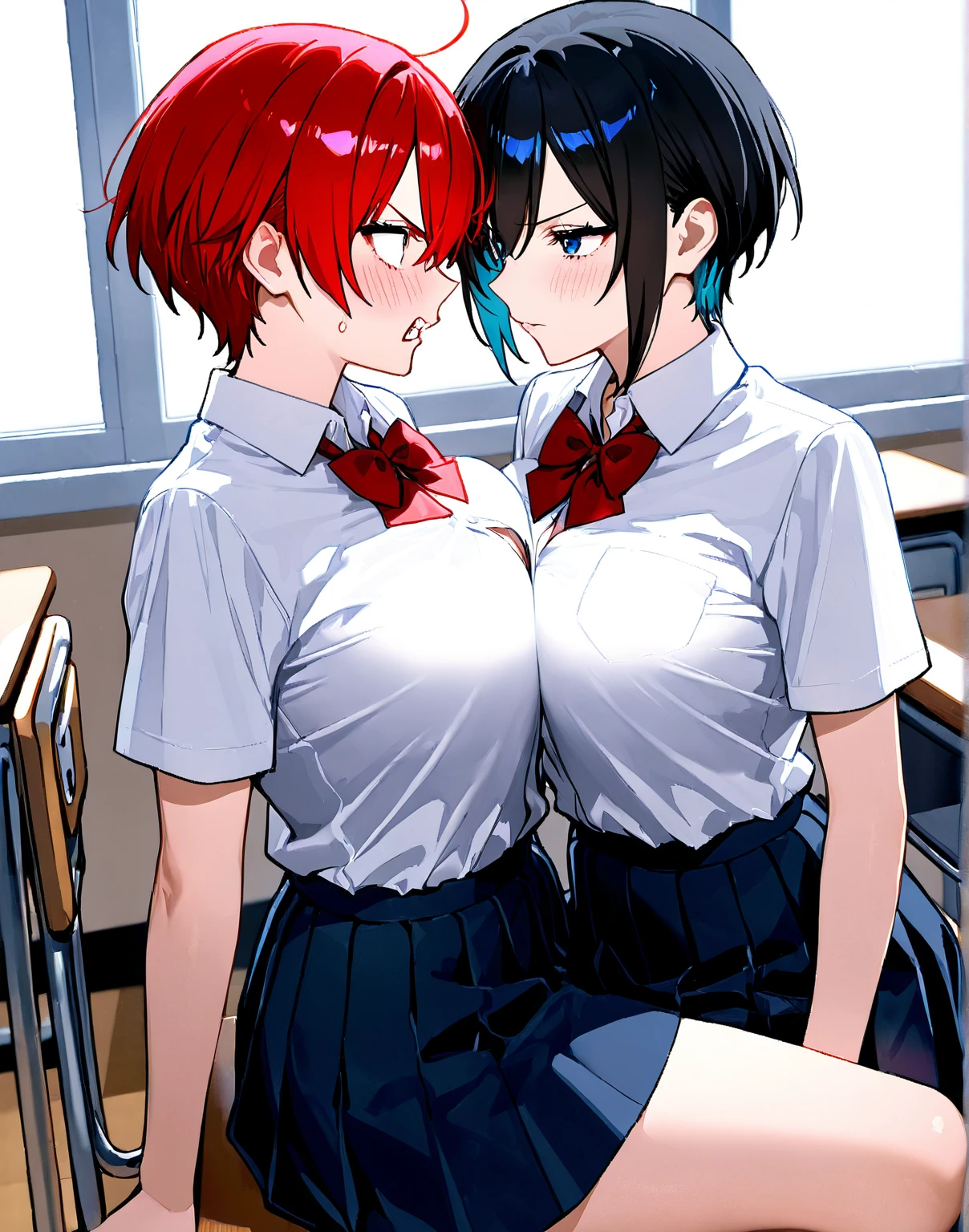 (Private 4K)、(High resolution:1.2)、(High freshness:1.2)、、(Whole Body Ezbian:1.2)、(Two Women:1.6)、((Woman with exaggerated big physique))、(Super big breasts fully opened:1.8)、abnormally developed muscles,,Barefoot woman, , Big arms、(Huge muscles:1.4)、(Dynamic pose:1.2)、(Women embracing each other with all their might:1.8)、(Tight school uniform:1.8)、