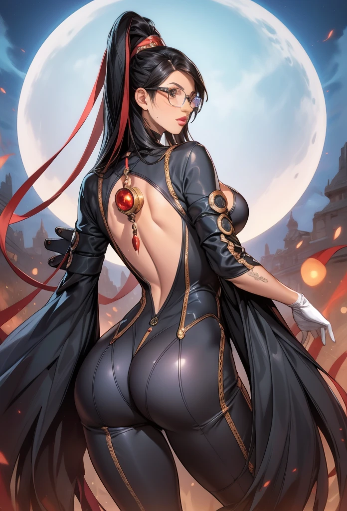 1 girl, jewelry, bayonetta, earrings, glasses, ass, alone, long hair, black_hair, gloves, mass_under_mouth, petals, mole, looking_at_viewer, lips, breasts, shiny, bodysuit, simple_background, looking_back, smile, shiny_hair, hands_on_hips, white_gloves , bangs, bright_clothes, from behind, elbow_gloves, cut_of_clothes, closed_mouth, thighs, big_breasts, lipstick, makeup, tight, zipper, bracelet, full moon, huge moon