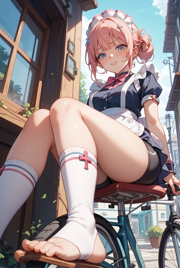 girl having sex),Girl with pink hair, long twintail hairstyle, ((small bushy eyebrows)), wearing gothic lolita clothing, lolicon , walking to school, flirty smile,, walking to school, bored look, bored face,, (sitting with legs open lifting her skirt to show her vagina wet with semen), (1 boy having sex with the girl, scaried young boy) naked boy about to have sex , boy ready to penetrate her pussy, boy about to penetrate her, boy with erected penis, male pov