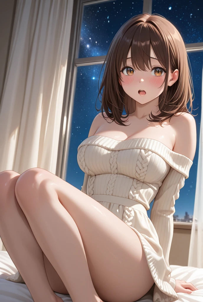 (Tabletop, Digital Art, Digital Illustration, 4K, 8K, Super detailed, Beautiful images, Clear images, Realistic, RAW Photos, Perfect Face, Perfect Lines, Perfect Eyes, Soft lighting) , masterpiece, best quality, 1 girl, 独奏, large breasts, brown hair, half updo , brown eyes, (shy, leaning forward,virgin killer sweater),white sweater,off shoulder,back cutout,Bare legs,heart cutout, on bed , bed sheets ,missionary position
