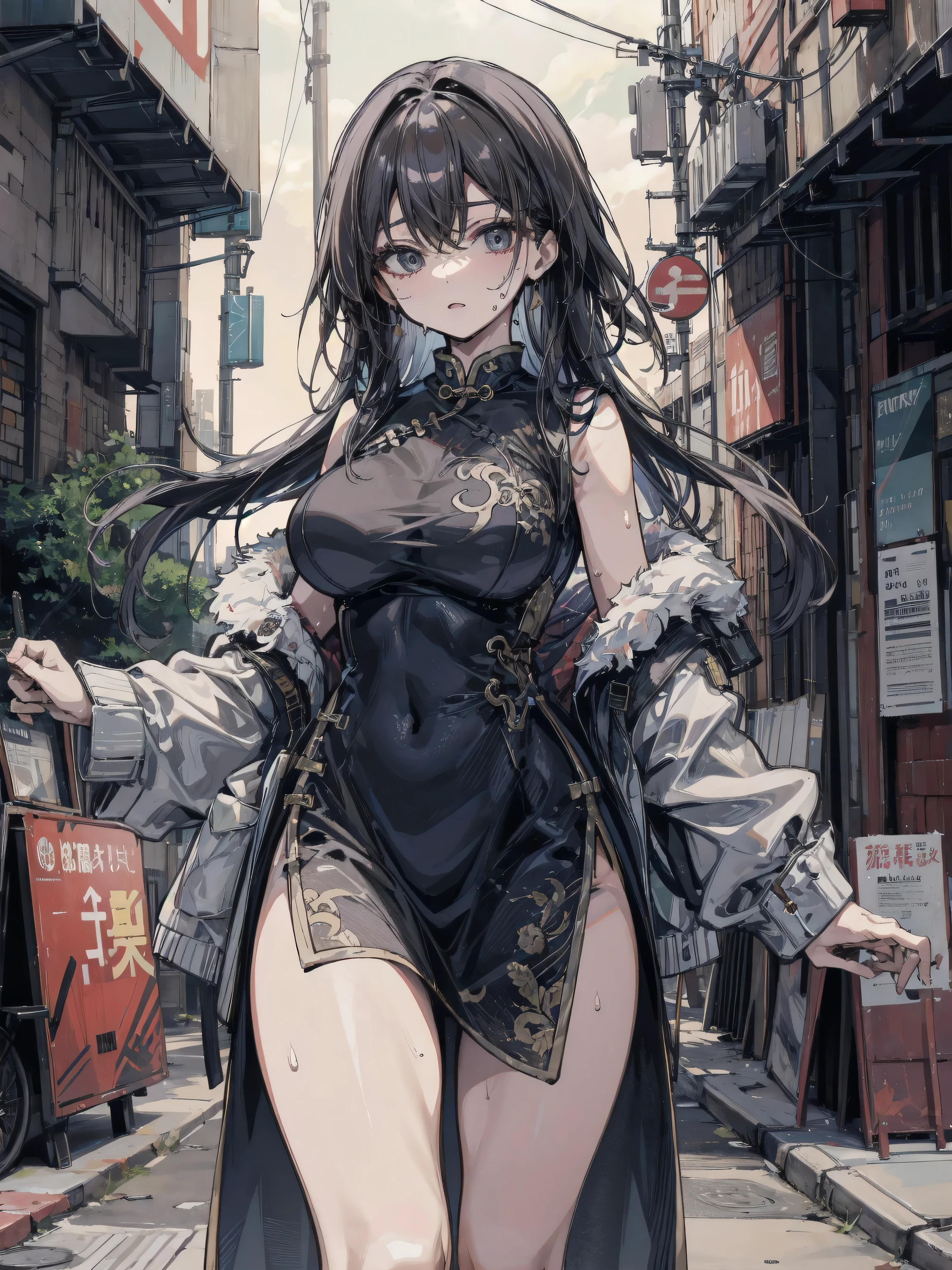 Action Scenes、(A female ninja who fights countless monsters),((masterpiece,Highest quality:1.3,best quality illustration)), solo,1woman,(Mature Japan beauties)、black hair,(low ponytail hair style),long hair,blunt bangs,black eyes,gorgeous eyes,((very small head:1.3)),blush,pain,((very long body:1.2)),medium breasts,(tan skin), (gleaming skin,toned body,slender body, skinny),(Torn black female ninja costume、Injury:1.5,No sleeve、nipples,Black mini skirt),kneeling,Urban area,Collapsed Buildingoonlit Night、Modern Tokyo、