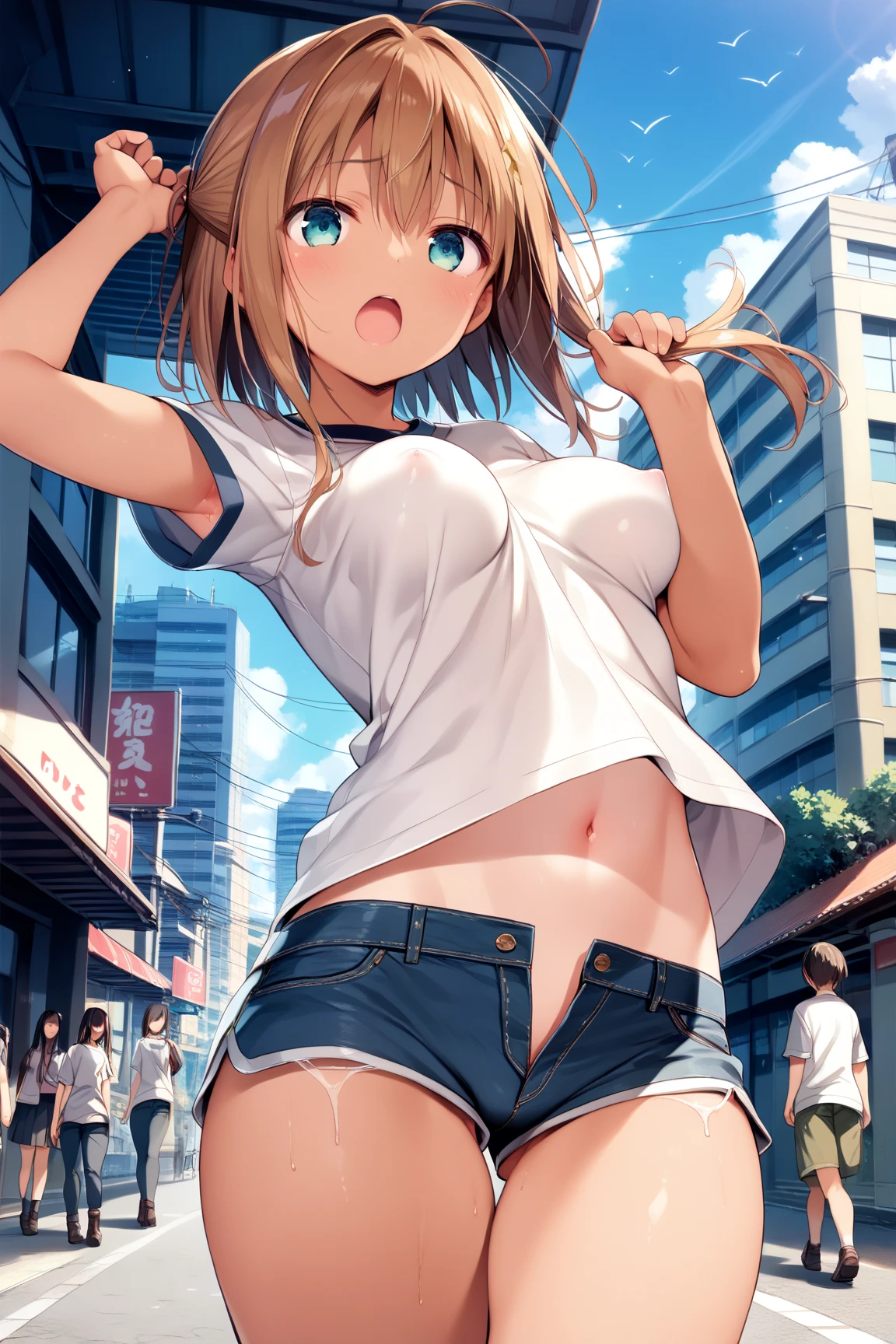 A skinny naked female student with very small breasts goes home crying a lot.,On the way home,{large crowd of people},