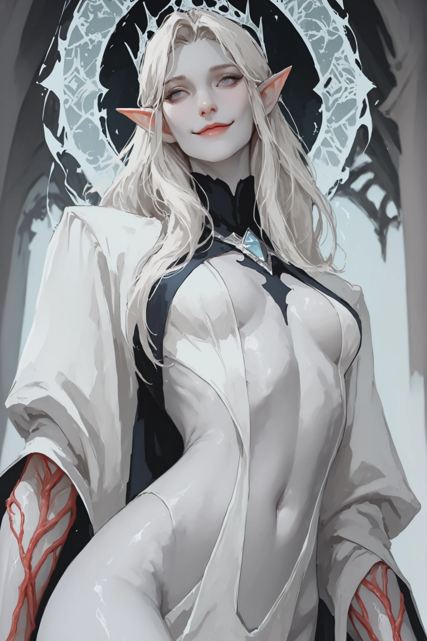 solo, female, pale grey skin, prominent red veins, haunted, secretive demeanor, light blue eyes, platinum blonde, close up, svelte, elf, smile, tall, slender, dark palace, magic, ash mottles, slim waist,