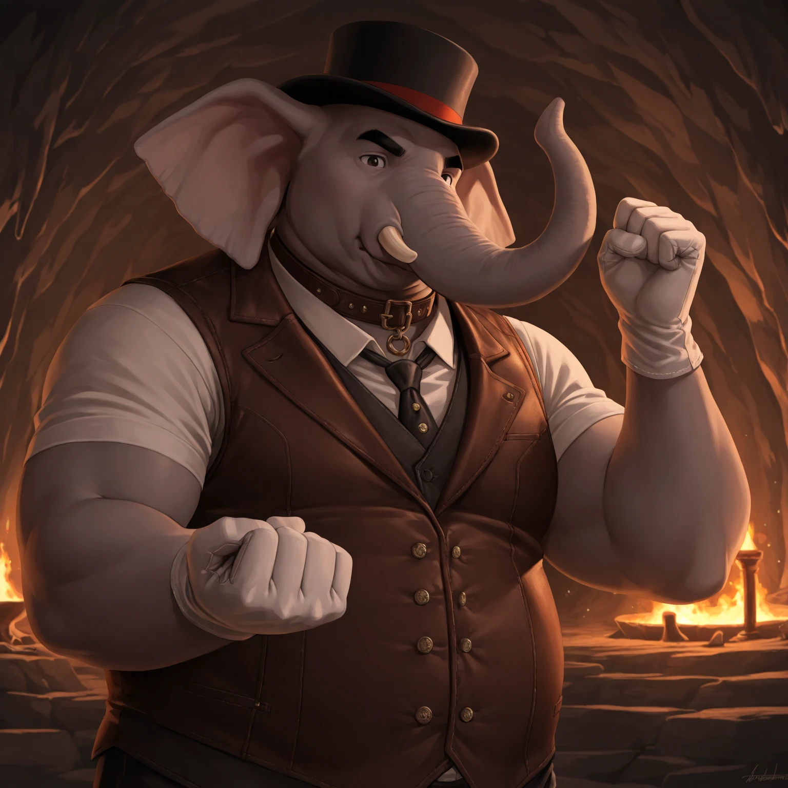 Solo, Male, fat, extremely obese, gentleman, dapper Professor Rhinoceros, blue eyes, (posing:1.3), (soft shading), 4k, hi res, ((detailed face, detailed)), looking at viewer, mouth wide open, steampunk, collared shirt with buttons, top hat, male focus, Explorer Outfit, glasses, monocle, vest with buttons, sleeves rolled up, round eyewear, brown headwear, brown vest, Rhinoceros is wearing a glossy leather dog collar around the neck, Rhinoceros is wearing the leather collar and shirt and vest at the same time, Rhinoceros is wearing glossy white rubber gloves on the hands, wearing white rubber gloves on the feet, gloves are rubber in texture, clenching teeth, clenching fists, leather collar is glossy and shiny with a lot of detail, Rhinoceros is wearing gloves and leather collar at the same time, leather collar has a round dog-tag, leather collar is thick and detailed, leather collar is glossy and shiny, fancy clothing, dapper vest, dapper shirt, leather collar is thick.