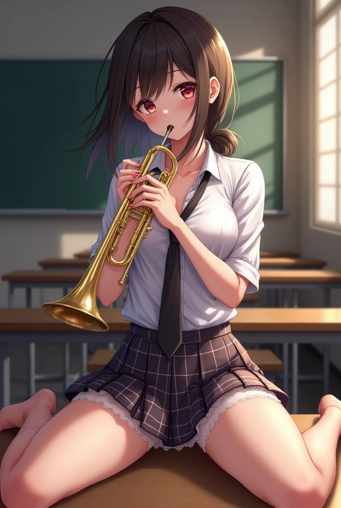 high resolution。High resolution、Low - Angle、masterpiece、Beautiful black-haired girl、17 years old、Round eyes、Playing the Trumpet、miniskirt and knee socks。sweating、high resolution8K