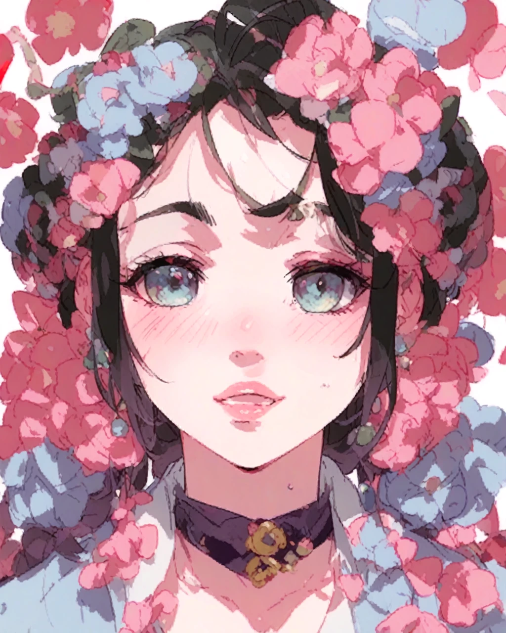 masterpiece, best quality, {best quality}, {{masterpiece}}, {highres}, focus, anime style, a closeup of a cartoon of a woman, girl design, portrait, giesha, anime image, long hair, black hair, straight eyes, hair covering ears, polished and powerful look, exotic, tall, freckles, cheerful, classic clothing, colorful, colors
