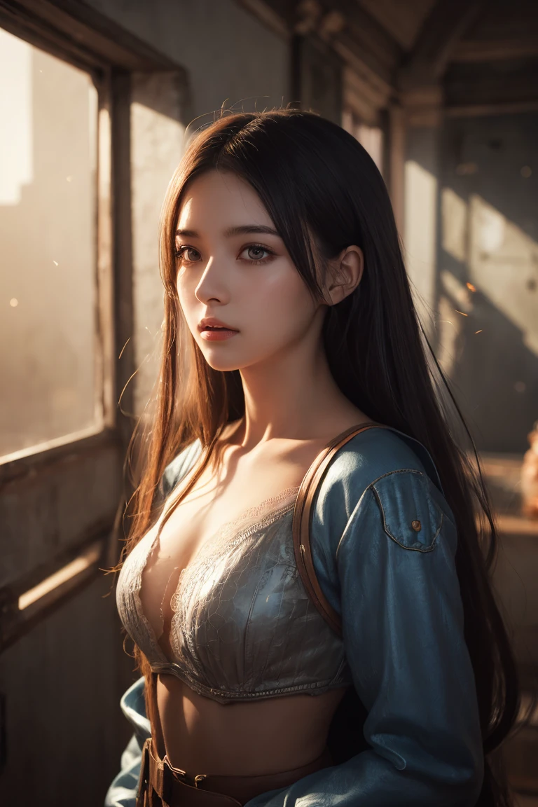 off shoulder rags, from below, on fours, cleavage, long wild hair, old womans, looks at the camera