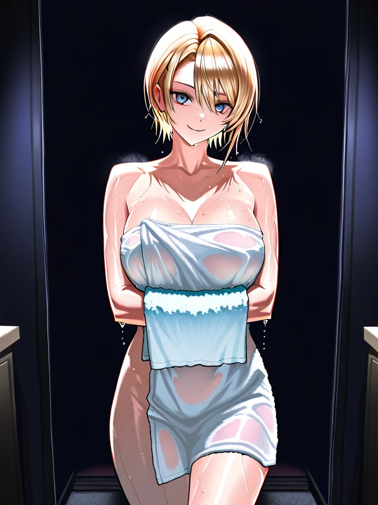 、(masterpiece、Highest quality)、Highest quality, Ultra-high resolution, (((masterpiece))), alone, Sweat、Big eyes, Composition from the front、Shortcuts、Embarrassed face、Bronze colored hair、Cut the back hair short、Bathroom、Shower scene、 Expose、Completely naked、pubic hair、belly button、Large areola、Nipples、short hair