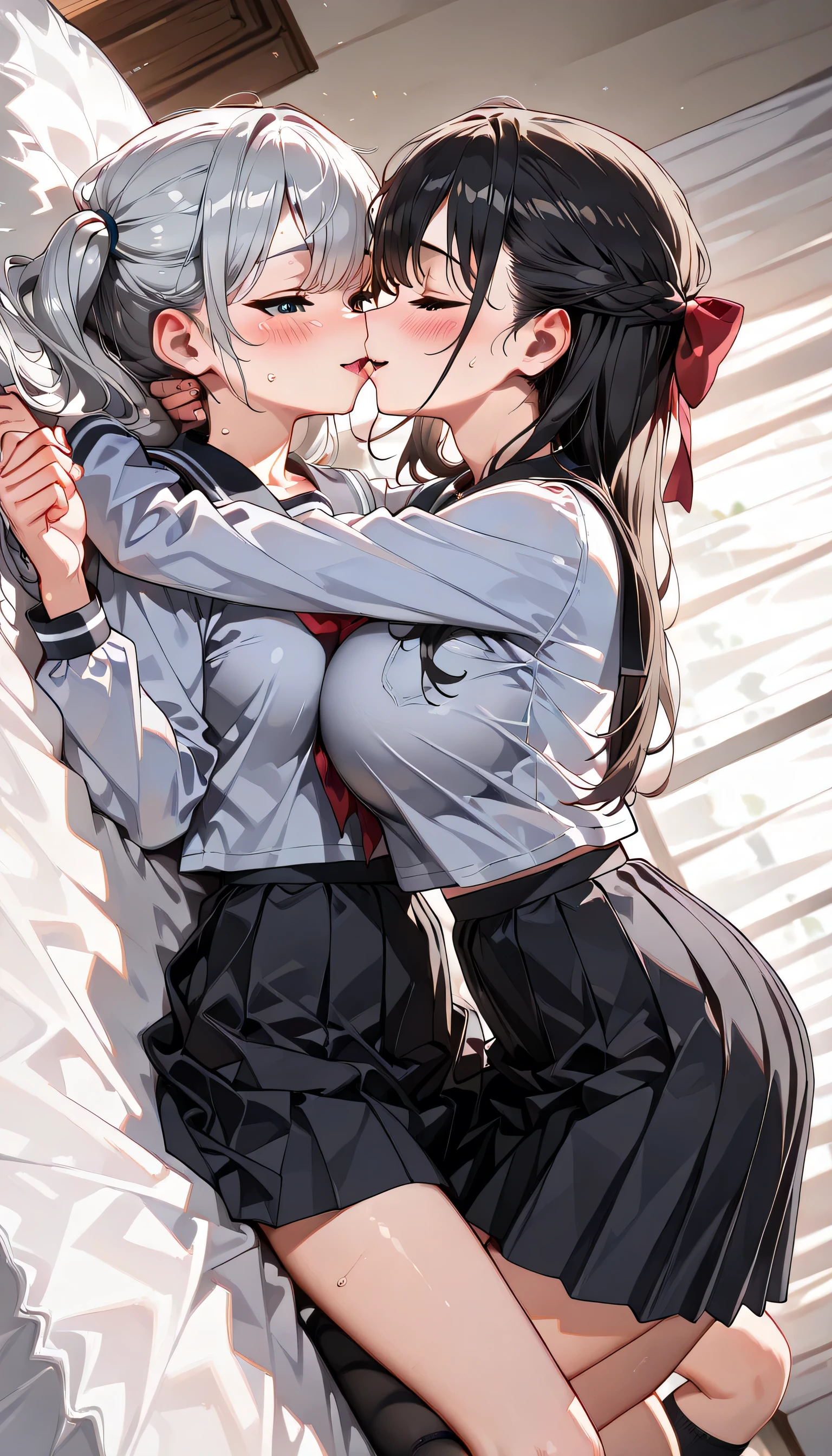 ((ultra-detailed)), (highly detailed CG illustration), (best quality:1.2), ultra-highly detailed, colorful composition, artistic photoshoot, 2 girls, duo focus,cowboy shot, moe anime character, 2 girls, dainty facial structure, baby face, round face, rounded chin:1.2, ideal ratio body proportions, hot:1.3, sweat:1.3, Marika, Sena, facing each other, silver hair:1.3, black hair:1.3, twin tails, black hair bow, black hair, long hair, swept bangs, half updo, aqua eyes, orange eyes, (wearring glasses:1.3), (round glasses:1.3), (thick eyebrows), sound effects:1.3, red neck bow, long sleeves white frilled shirt, navy blue pleated skirt, and black high socks, perfect feminine figure, anatomically perfect, beautiful detailed faces, ample breasts, radiant smiles, playful postures, matching outfits, peace signs, winking, cheerful expressions, lie down on the bed, Marica brings her face closer to the Sena's brests, yuri:1.3, Girls kissing:1.3, hug:1.3, vibrant colors, cute aesthetic, yuri theme, dynamic composition, smile:1.3, happy:1.3, joyful:1.3, from side, best quality, masterpiece, expecting, pink cheek, blush, light pink gloss slip, portrait, depth of field, poured sunlight, sidelighting, shine, lighting, caustics, ray tracing, perfect face, lustrous skin, highly detailed face, highly detailed eyes, perfect face, perfect nose, perfect hair, perfect eyes, perfect anatomy, beautiful hair, beautiful small face, extremely detailed face, beautiful detailed eyes, beautiful clavicle, beautiful body, beautiful huge breasts, leavage, breasts squeezed together, equalize the size of the left and right breasts, beautiful thin thighs, beautiful legs, beautiful fingers, 4 fingers, 1 thumb, lovely, (very detailed background:1.0), (highly detailed background:1.0), intricate details, joyful atmosphere, colorful and sparkling colors palette, chromatic aberration