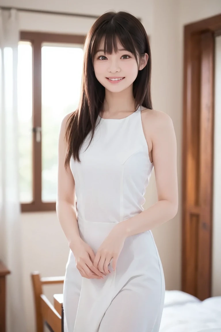 Photo Real、photoRealstic　straight haired、shorth hair、hime-cut、Himecut、Blunt bangs、Short side lock、half up　drooing eyes、big eye、The contours of the face are round、Young Face、a baby face　30-years old、young body、skinny  body、Soft thighs　Rough dress、White dress、shortpants、耳Nipple Ring　Adult Pose、Classy poses、gently smiling、Laughing expression、Smiling　Background with、Infirmary、School Infirmary、Bathroom Scale、Medicine cabinet、Stainless steel desk、window