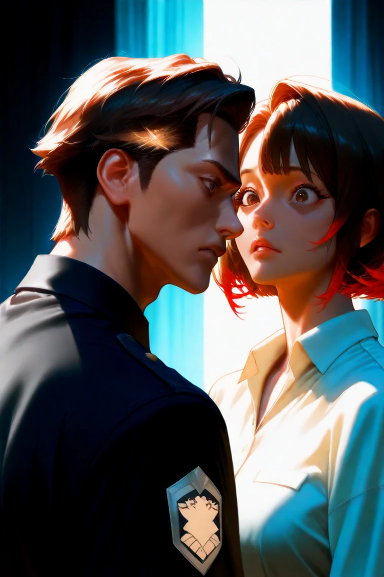 Picture Man and woman, ada wong and Leon Scott kennedy, wearing blue tuxedo and red off shoulder dress, smile, perfect face, hugging, open chests
