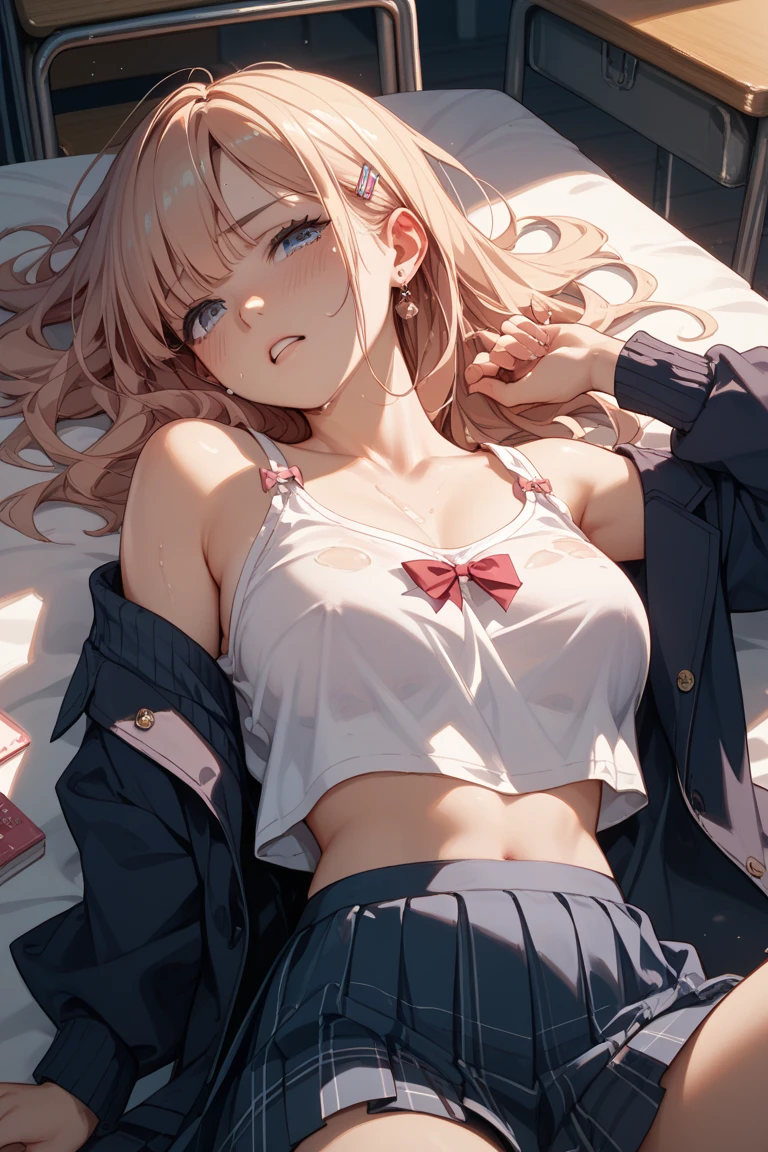 (anime girl, anime background.) Young girl 18 years old, Short milky white hair, hair flower, yellow  eyes, cold expression. White school top, red skirt, black thigh high socks. slim but well proportioned body, medium breasts. On your knees on the bed, kneeling. point of view from above, far view. in a Japanese room, at night, with full moon in the background, light reflecting on the sexy and sweaty body. (((sweat)))