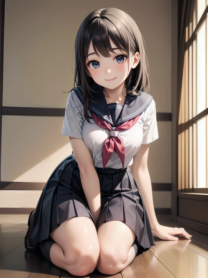 anime girl sitting on the floor with her legs crossed, a hyperrealistic schoolgirl, the anime girl is crouching, teasing smile, realistic schoolgirl, , hyperrealistic , by Jin Homura, cute , fubuki, gapmoe yandere, ecchie, ecchi animle, school girl, yandere, seductive anime girl