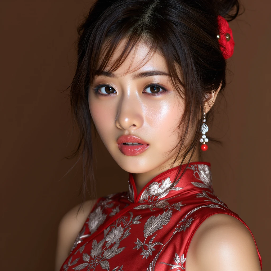 Highly detailed CG Unity 8k wallpaper, of the highest quality, super detailed, masutepiece, Realistic, photographrealistic, extremely detailed cute girl, 25 years old, ,, Upper body , ,Colossal tits,Black eyes,wine red silk cheongsam dress