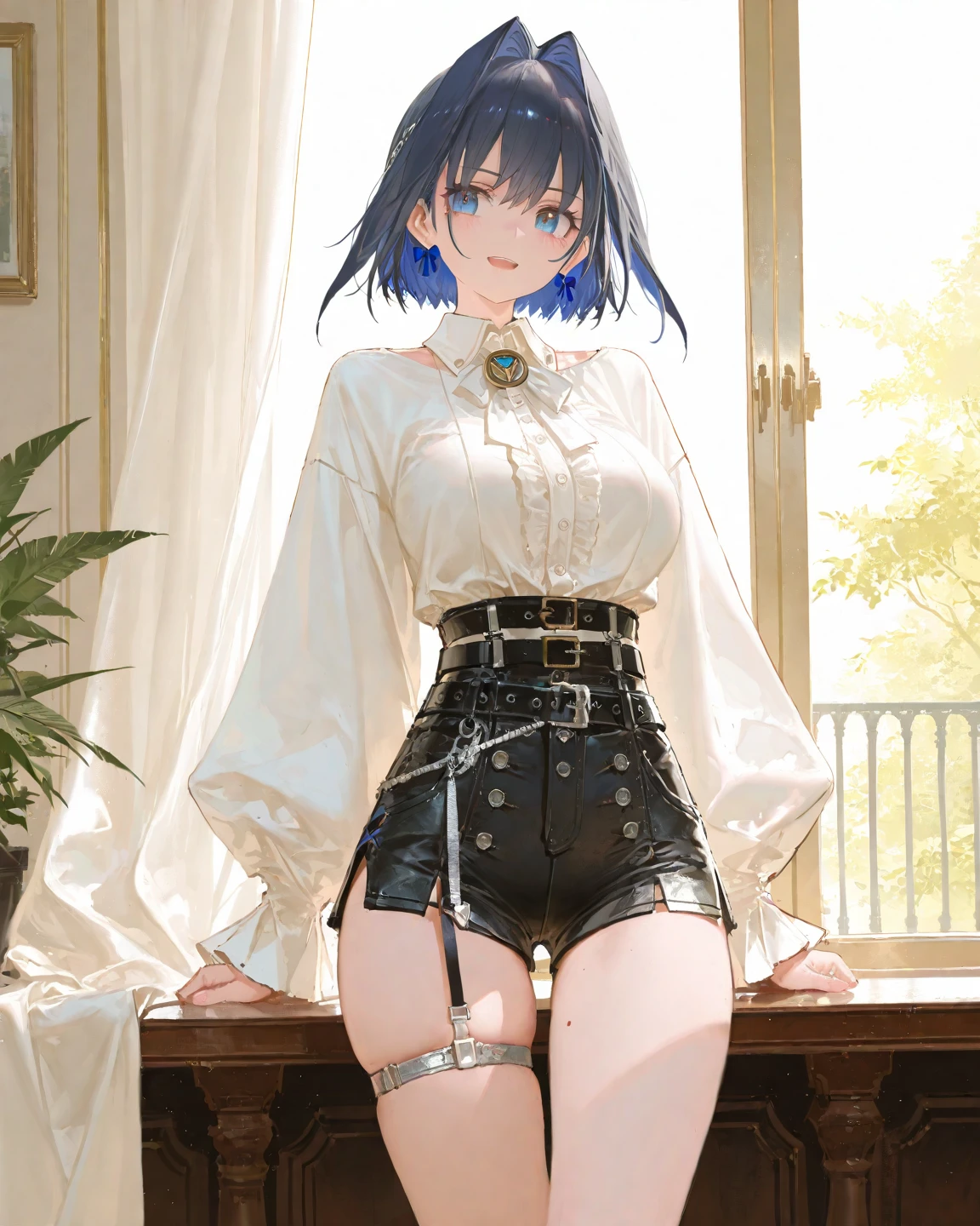 ((Best Quality)), ((Masterpiece)), (Detailed), Girl with short black hair, with straight bangs, yellow eyes, the pupils of his eyes look at your violence, tall and slender, very beautiful and feminine features, with loose black clothing, wearing shorts with long black stockings, short hair, nice breasts, with a too short miniskirt, with a scared expression and crying in pain for losing her virginity, she feels alone and has no help but also a sexualized expression, just woke up