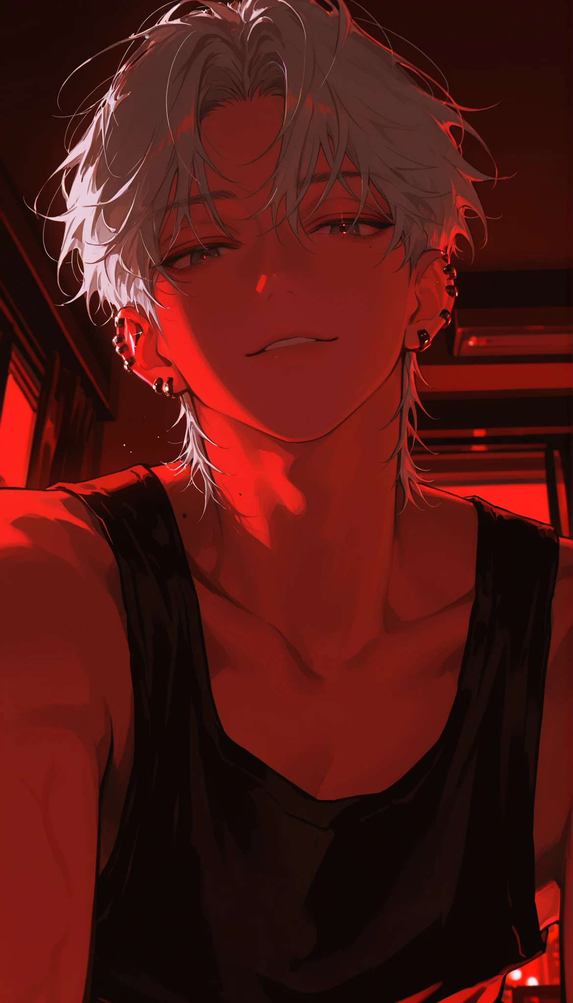 male,handsome,a room in an apartment,lots of piercings,close-up,silver hair,black eye,dark eye,seductive smile,night,suspicious looking,POV from below,relaxed pose, bedroom,back lighting,looking straight into the viewer’s eyes,a seductive stare into the viewer’s eyes,red lighting,black tank top,mole on the body