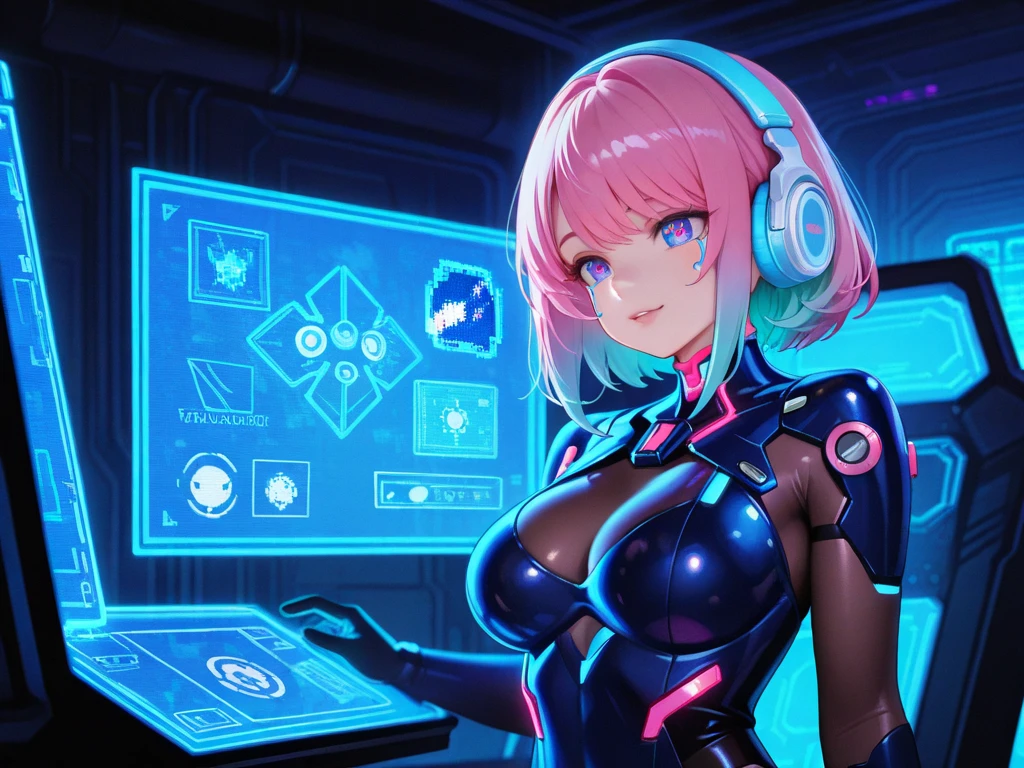 ((1 cyborg woman)),((Huge breasts, bare breasts, naked pussy, completely naked, blue clitoral piercing)),((standing, futuristic room with windows with robots)),((serious face)), ((with lots of bubian hair, in a scientist's coat)),((short hair with a short ponytail on the left side, a short ponytail on the right side, bright yellow eyes)),((facing the viewer, holding a tablet) ),((standing in a futuristic room)),