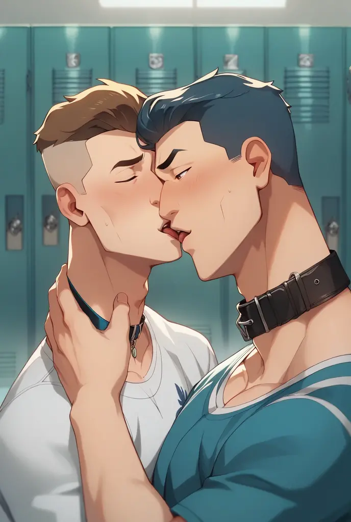 best quality, masterpiece, two muscular male soccer players, undressing each other, sweaty, fashionable hair, kissing, in gym locker room, groping each other, looking at each other lovingly, dramatic lighting, dramatic shadows, sexy, gay, homoerotic, perfection, no watermark, no logo, no signature