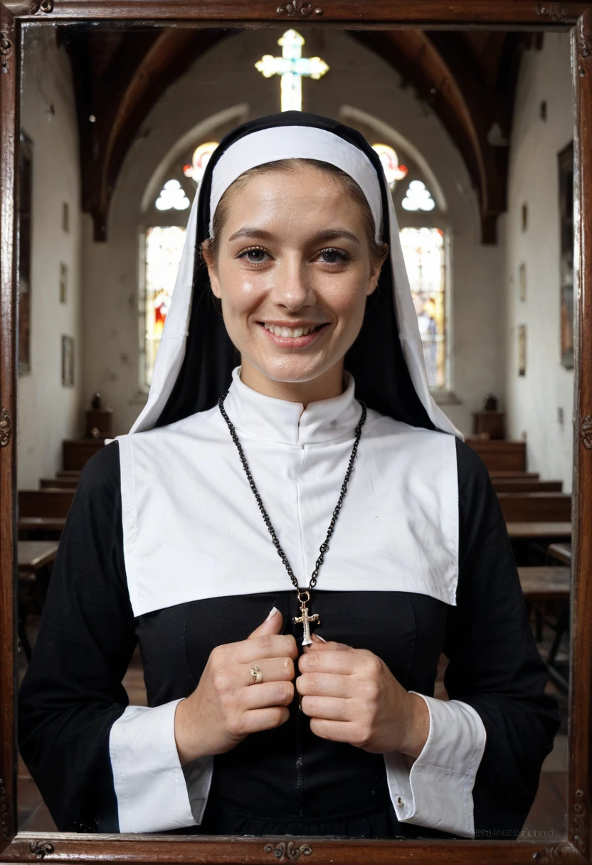 Lovely Italian girl、Blonde Hair、With bangs、Green Eyes、Smiling with teeth showing、Slim body、Monastic uniform、Nuns、Standing in the church