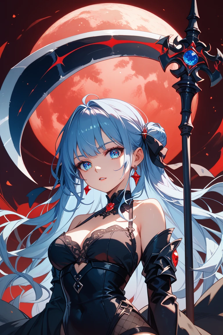 动漫 吸Blood鬼公主, long white hair, gothic style, Roses in your hair, Deep black eyelashes, White glowing iris, light blue dress, digital illustration, comic style, gothic renaissance, perfect anatomy, center, nearly perfect, Dynamic, Very detailed, Gothic castle detailed background, Blood, art station, concept art, Smooth, sharp focus, illustration, Artwork by wlop and ross tran ,flash
