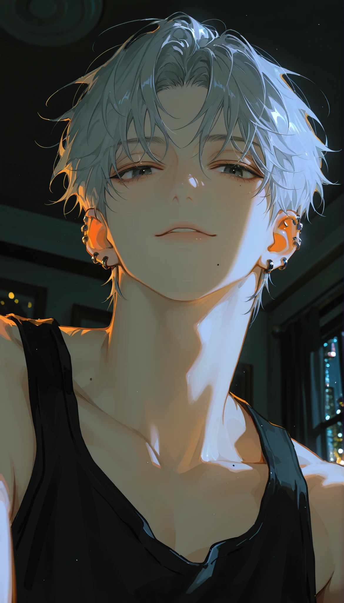 male,handsome,a room in an apartment,lots of piercings,close-up,silver hair,black eye,dark eye,seductive smile,night,suspicious looking,POV from below,relaxed pose, bedroom,back lighting,looking straight into the viewer’s eyes,a seductive stare into the viewer’s eyes,cinematic lighting,black tank top,mole on the body