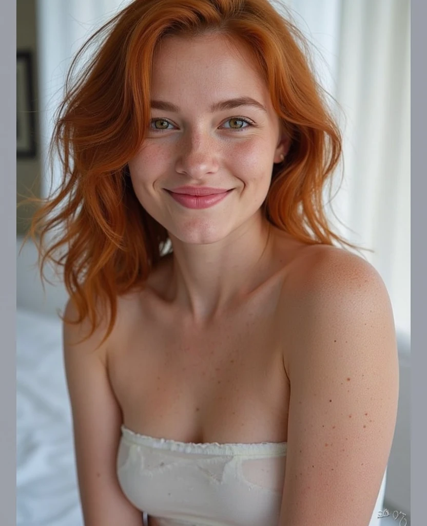 (Full body photograph of a slim, young and super cute Irish redhead with very small waist with dark theme), (short hair tied up), (thin nose, realistic freckles), full lips, ((lustful and seductive smile, wide and sensual look, perfect teeth)), erotic pose. (naked big pointy natural breasts), ((hard nipples with realistic details, real skin, real nipples, perfect nipples, big nipples, epic details on the nipple areola)), ((slim body, wide hips)), eyes green, highly detailed eyes, (eye detail: 1), (realistic skin, epic realism, RAW photography, realistic skin, epic realism, HDR: 1.5, epic skin detail, porous skin, goosebumps, with German features. ) ((Photorealistic): 1.1), dark background, Canon 5D, 8mm film grain, realistic shading, ((perfect pussy shape, red pubic hair)), (skin: 1.5),