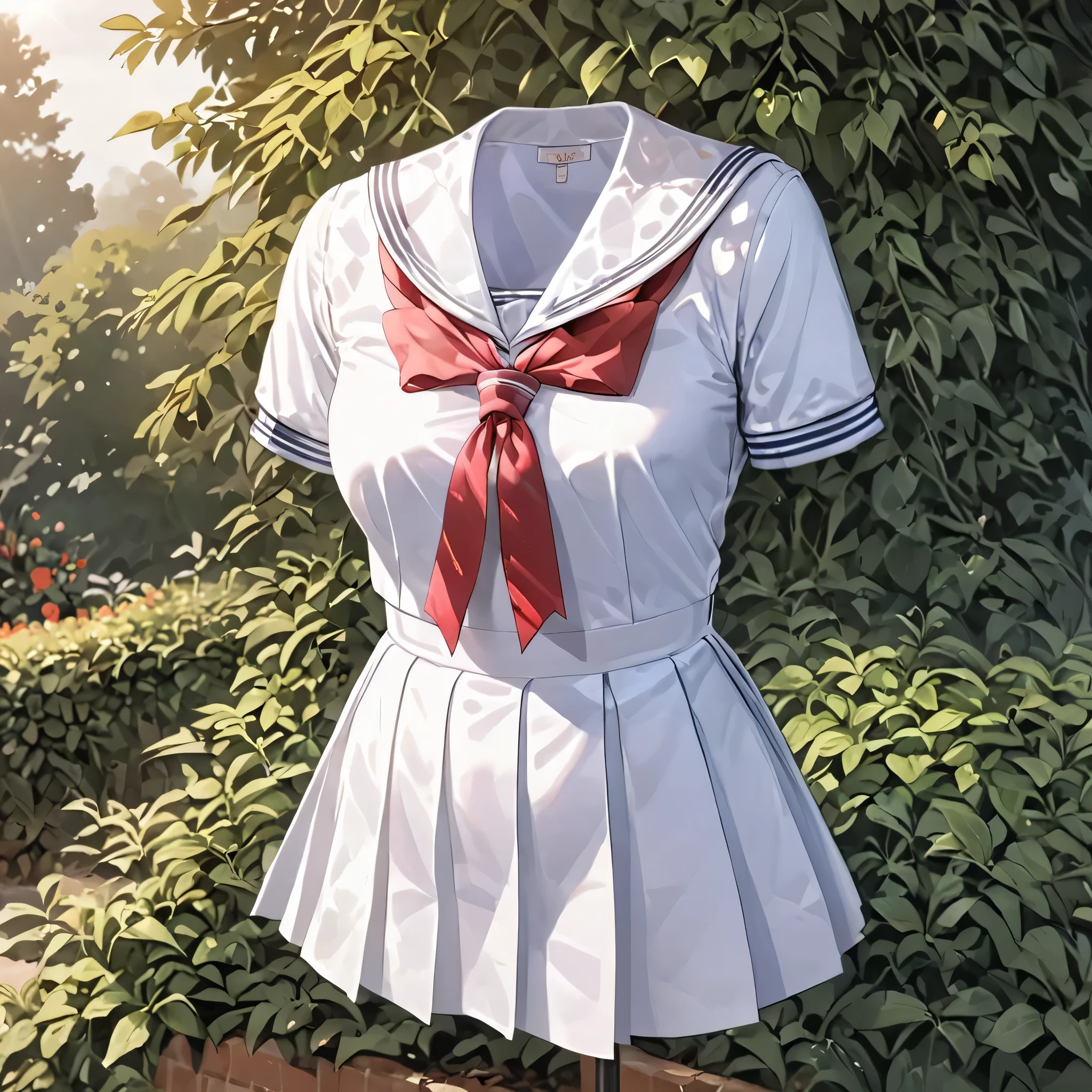 (invisible:1.5, no humans:1.5, headless:1.5, faceless:1.5), ( School Sailor Uniform, in garden:1.2), (big breast), (best quality, masterpiece:1.2), (((detailed cloth texture, detailed anime, super fine illustration))), realistic, photo-realistic
