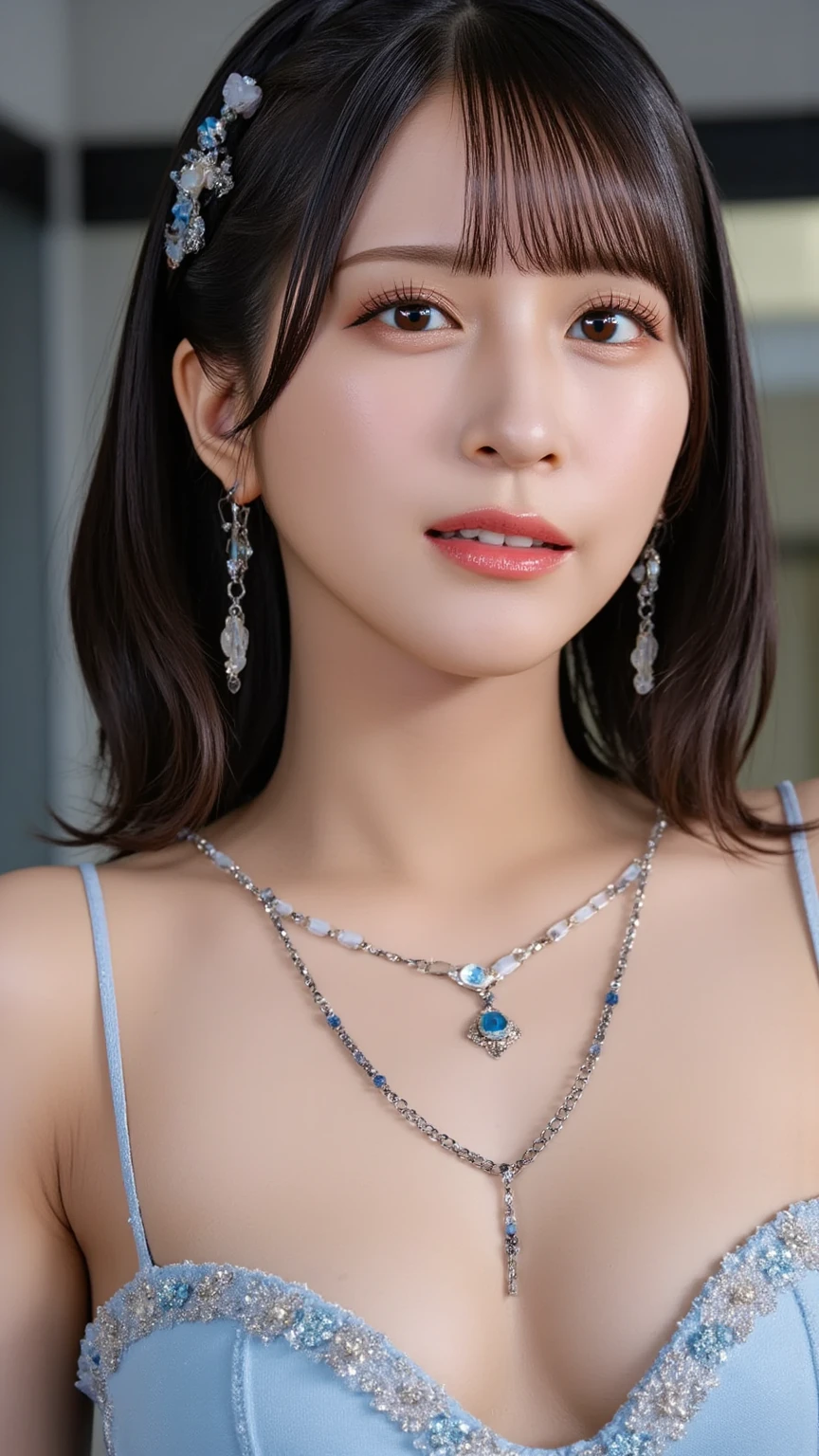 Very detailed, Description of Extremely detailed, very good, Extremely exquisite and beautiful work), Beautiful and delicate girl, whole body, Very detailed eyes and face, White skin, Noble and beautiful, ((Delicate skin texture, pores)), Perfect anatomical structure, Beautiful Body, Delicate face, Lean abdominal muscles, Slim waist), BIG ASS, (Large Breasts, Breast enlargement), (Soulful gaze, soulful eyes, Glowing eyes), (Beautiful clear eyes), (Bounce Curly Messy Long Hair), (Smile:1.2), (Fascinated expression), (Beautiful appearance), ((wear glasses)), earrings, necklace, ((night)), , Physically Based Rendering, Realistic lighting, ((Looking at the audience)), ((eternal)), ((Happy and shy)),Blue Dress,