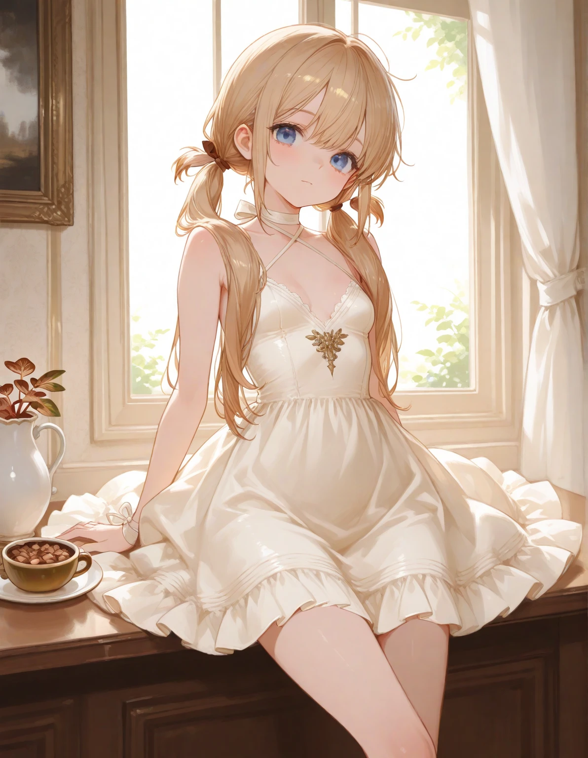 NSFW,(pale illustration,anime illustrations:1.2),(masterpiece, highest quality, so beautiful, Super detailed),textured skin, high details,8k,gleaming skin,pale outline
(hachimiya meguru, idolmaster:1.2),gold hair,
1 girl,(black Thighhighs:1.3),middle breasts,shorty,happy smile,
Cinderella ,standing,
from front,white and clean bedroom