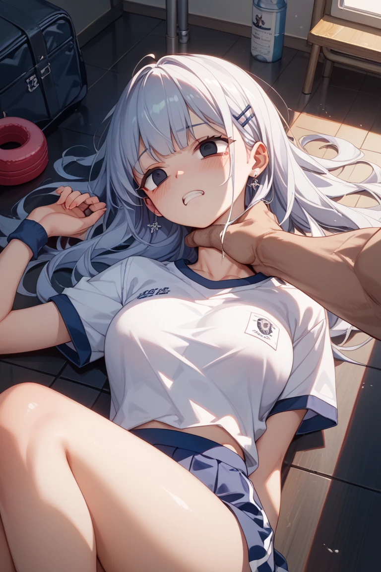 1girl,mutsukidef,(chibi:1.2),gray hair,long hair,side ponytail, (white gym shirt, short sleeve,gym uniform,dark blue buruma:1.3),wet,sweat,Hair Ornaments,halo,open mouth, embarrassed ,blush,(cameltoe:1.3),masterpiece,Noise Reduction,perfect anatomy,high resolution, ultra-detailed, ultra-detailed face,game cg,dutch angle ,beautiful detailed eyes,visualart,five fingers, perfect hands, perfect lighting, sparkling pupils,
