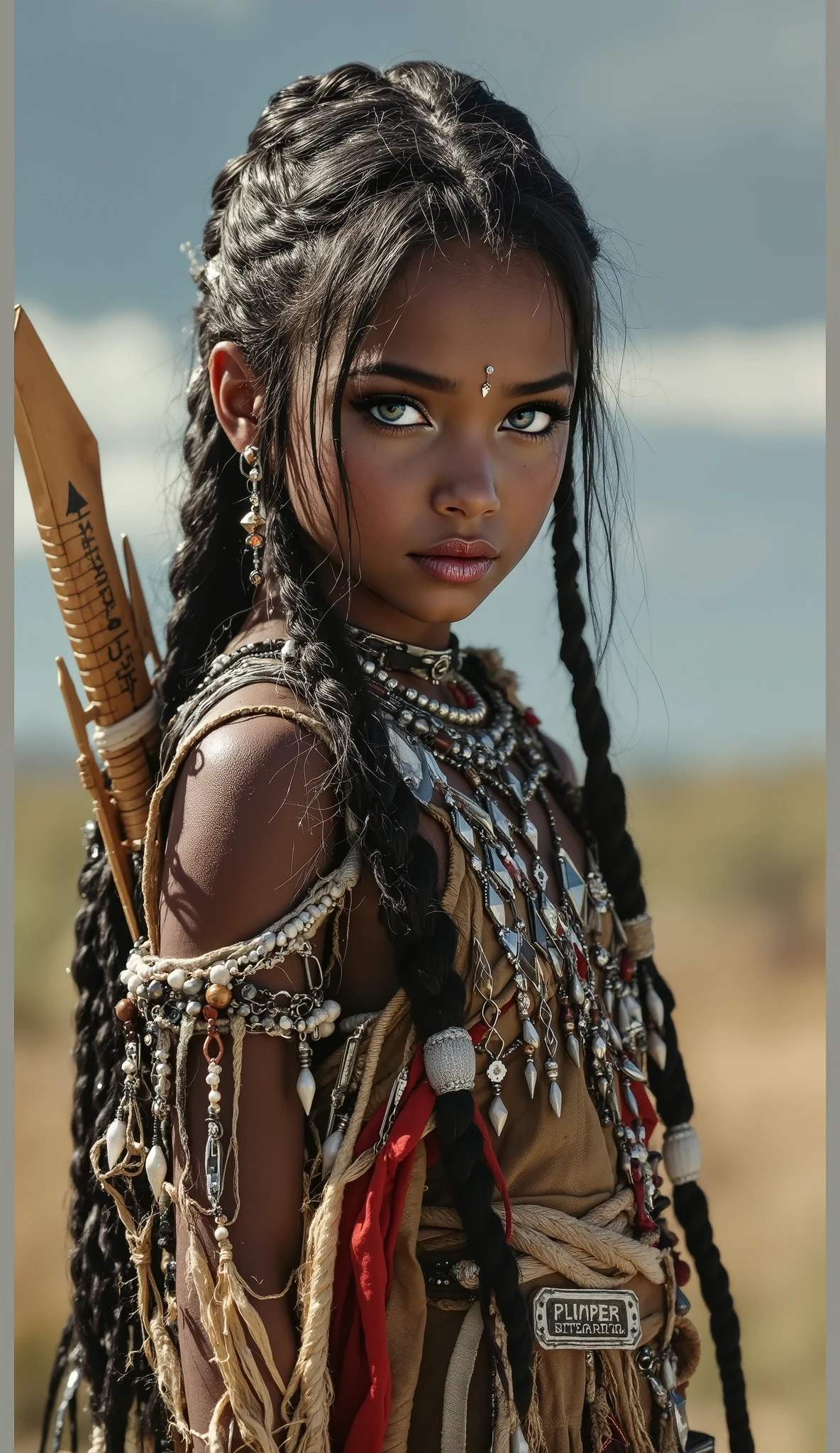 a professional photo of a exceptionally of the most beautiful Native American girl in the world, (), Wawinges (futuristic),(masterpiece), (realistic), (perfect anatomy), flawless dark olive skin, large beautiful brilliant Forest Tea green-blue-pink-silver-brown-golden eyes, black eye liner, light pink blush, dark black eye shadow, small dimples in cheeks very long black, white highlighted, half braided hair, (dressed as a Native American warrior) standing large open plain, Rapier sword, long bow to her back, (8k), (high res),ultra-detailed, photo-realistic, front view, highly detailed, volumetric, dramatic light Perfect graphics, ultra-detailed, photo-realistic, full image view, full body view, front view