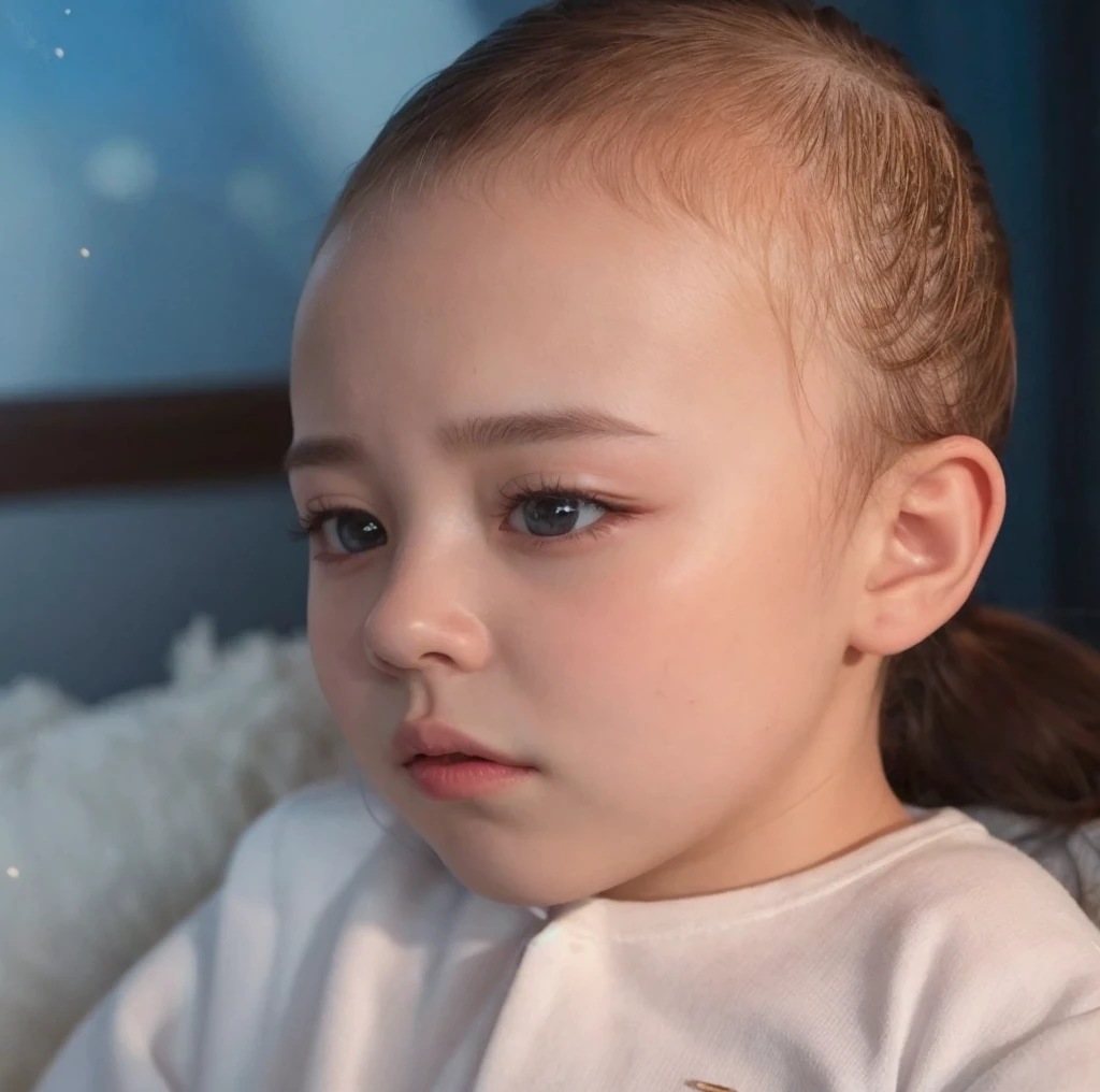 (Mejor calidad, 4K, Altas, Obra maestra: 1.2), ultra detallado, realista, con el rostro super enojado, frowning, three year old korean baby boy, brazos cruzados, acostado sobre la cama, mirando hacia otro lado. El chiquito algo alejado de la imagen. 