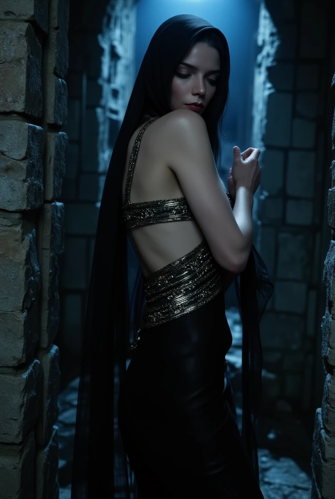 Backview Full body naked goddess Hekate with black hair in the underworld